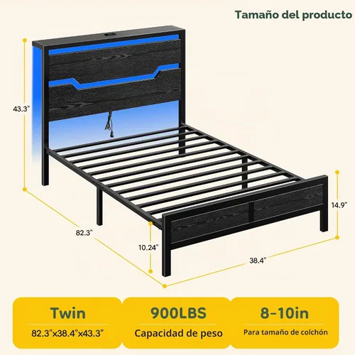 Vista 2 de Homkdom Twin Size Bed Frame with LED, Headboard Shelf & USB Ports