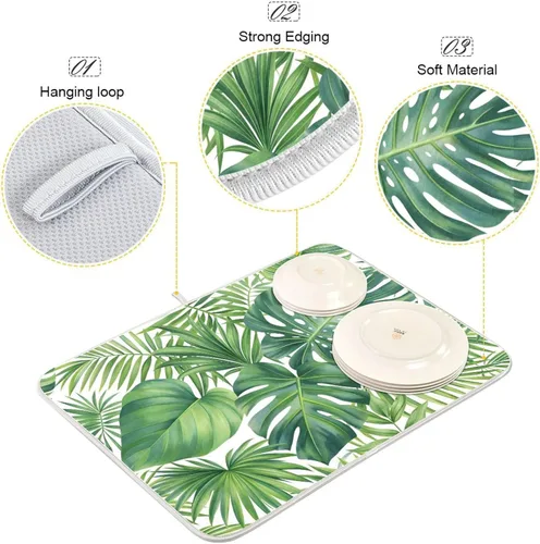 Vista 4 de Tapete de secado de platos con hojas de palma tropical para encimera de cocina, hoja verde de Monstera absorbente de microfibra, almohadilla