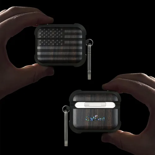 Vista 2 de Carveit - Funda de madera maciza para AirPods Pro 3, bandera estadounidense, color negro