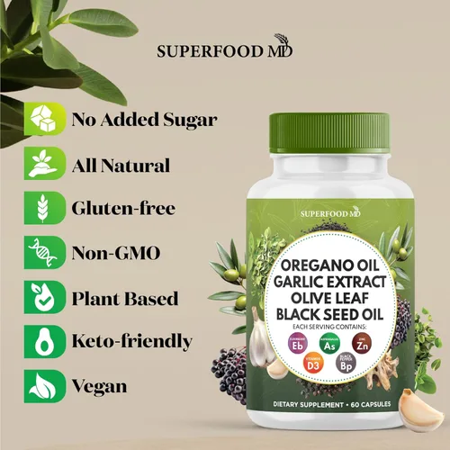 Vista 6 de Superfood MD Aceite de orégano Extracto de ajo, hoja de olivo, aceite de semilla negra, astrágalo, para mujeres y hombres, 60