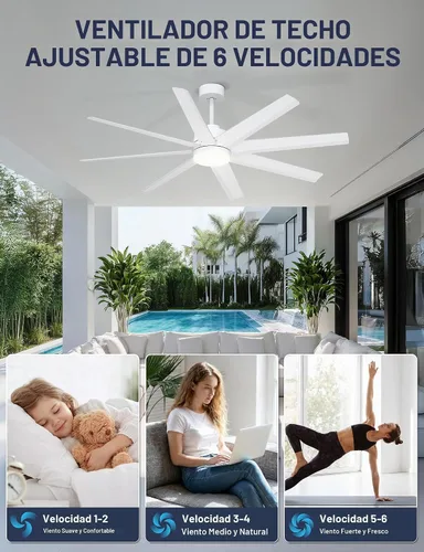 Vista 6 de Ohniyou Ventilador de techo de 60 pulgadas con luz, ventilador de techo blanco moderno de 8 aspas con control remoto y aplicación, regulable