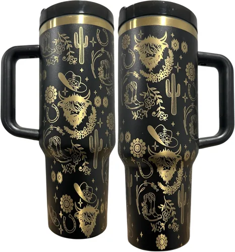 Vista 19 de Botella de agua de acero inoxidable de 40 oz taza Longhorn Bottle Bull Tumbler Cow Gift Western Water Bottle Cup (24oz Cream(90)-Longhorn (D35))