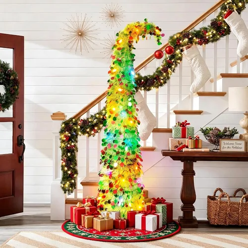 Vista 3 de 5ft Pop Up Artificial Christmas Tree with LED Lights for Holiday Decor Green Pre-Lit Christmas Tree, 1 Red Ball, Artificial Collapsible Skinny Verde