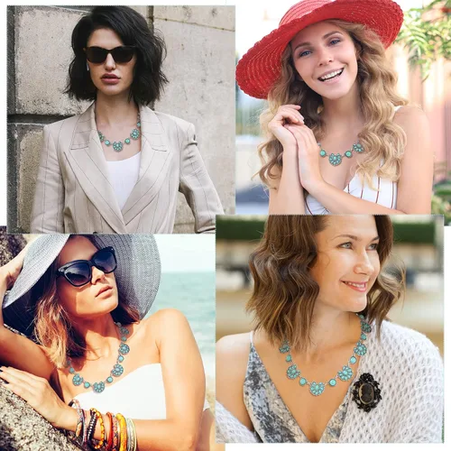Vista 6 de Bonuci Collar con colgante de turquesa, collar largo para mujer, joyería occidental plateada, joyería boho con hebilla para mujer Verde