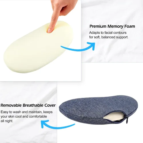 Vista 6 de Mini almohada de espuma viscoelástica para mejillas y cuello para comodidad del sueño, color azul Compact ergonomic memory foam pillow supports