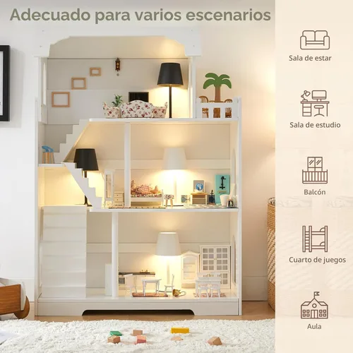 Vista 7 de Estantería de Casa de Muñecas de Madera - Estantería de Casa de Muñecas para Niños Pequeños, Espacio Extra para Almacenamiento de Juguetes y Libros
