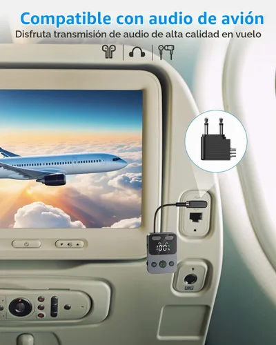Vista 6 de Adaptador Bluetooth 5.3 para avión, transmisor y receptor 2 en 1, conecta 2 AirPods o auriculares, pantalla HD, conector de audio auxiliar de 0.138