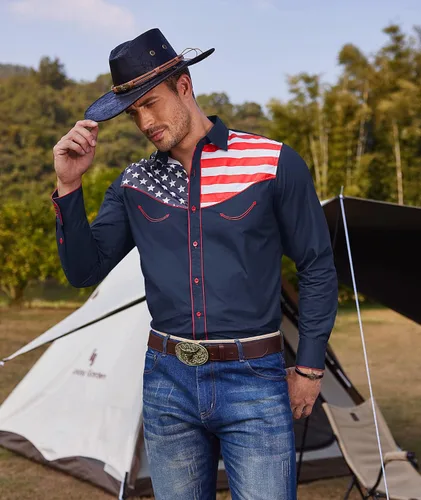 Vista 3 de COOFANDY Camisa casual de manga larga con botones y bandera americana para hombre