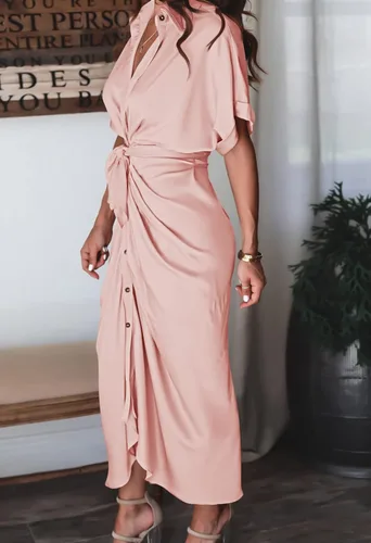 Vista 6 de Linsery Vestido maxi camisero de manga corta con botones y cinturón para mujer, RosaRebel Fun., S