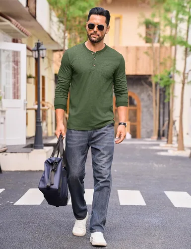 Vista 4 de CRYSULLY Camisa de manga larga para hombre, de algodón, con bolsillo de 3 botones, camisetas casuales elegantes ligeras tipo pullover