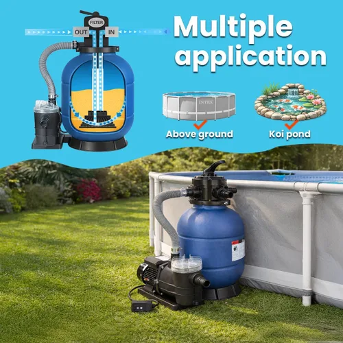 Vista 2 de XtremepowerUS Bomba de piscina con filtro de arena de 13 pulgadas, 3/4 HP, 2,400 GPH, enchufe temporizador GFCI incluido, válvula multipuerto, juego