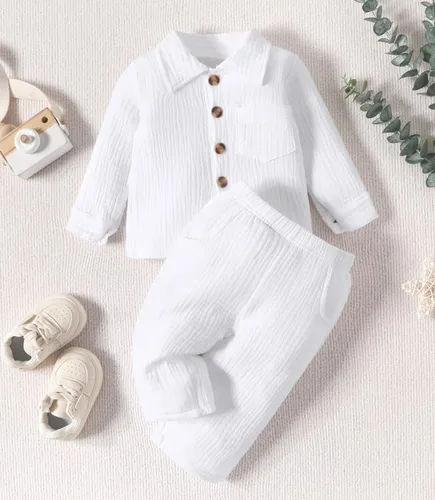 Vista 2 de Kionio Conjunto de ropa de lino de 2 piezas para bebé, camisa de manga larga con botones + pantalones rectos