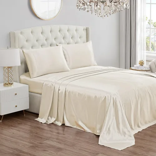 Vista 39 de Juicy Couture Juego de sábanas de satén de tamaño individual, juego de sábanas sedosas de bolsillo profundo con 1 sábana bajera, 1 sábana encimera