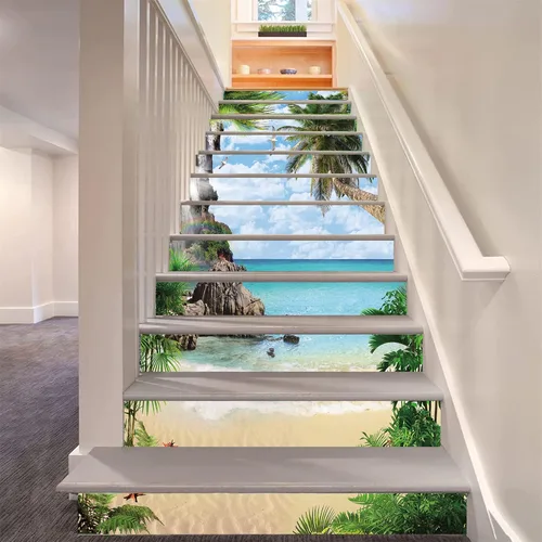 Vista 25 de artfanke 13 piezas de adhesivos 3D de amanecer en la playa - Adhesivos para escalones de pelar y pegar para decoración de hogar y oficina - 39,37" x