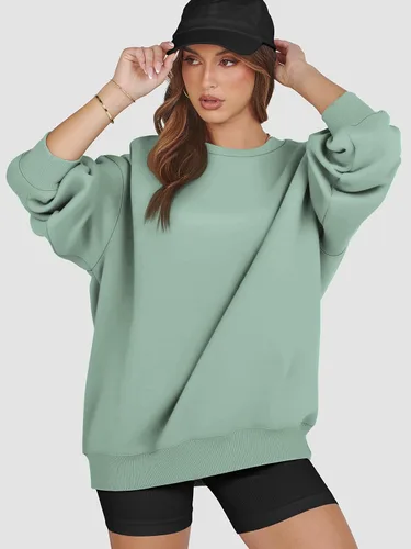Vista 6 de ATHMILE Sudadera de gran tamaño para mujer, cuello redondo, forro polar, manga larga, sudaderas con capucha, tops de otoño, ropa de moda 2025