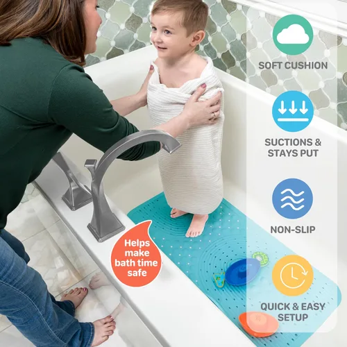 Vista 2 de Nuby Tapete de baño acolchado para bebés y niños pequeños, tapete antideslizante para ducha y bañera con ventosas, color aguamarina