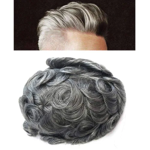 Vista 13 de Tupé de encaje suizo para hombres, piezas de cabello humano real, encaje frontal, sistema de reemplazo de cabello tipo tupé, nudo blanqueado, línea