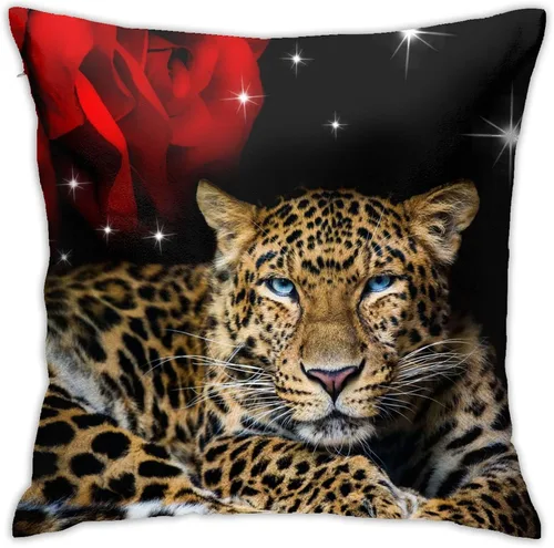 Vista 6 de VARUN Fundas de almohada cuadradas con diseño de flores de leopardo y rosas rojas para decoración del hogar, sofá, automóvil, dormitorio, funda