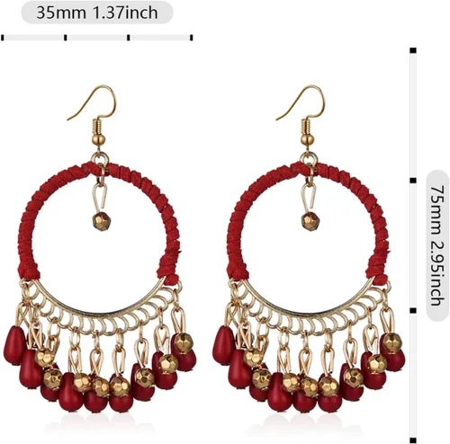 Vista 7 de Pendientes colgantes de gota hechos a mano, creativos, coloridos, bohemios, con cuentas étnicas gitanas, aretes de borla para mujer