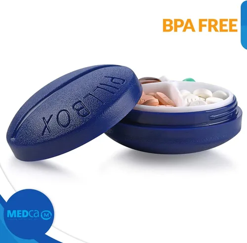 Vista 4 de Pastillero redondo para viajes, mini organizador compacto portátil de 4 compartimentos, dispensador de vitaminas y medicamentos hasta 4 veces al
