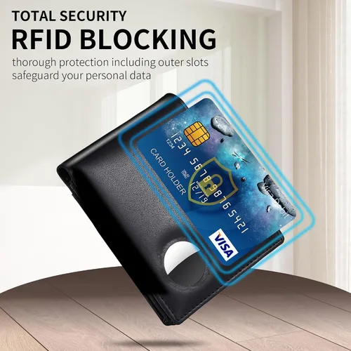 Vista 52 de Swallowmall AirTag Billetera para hombre con bloqueo RFID, de piel auténtica, plegable, para AirTag con 1 ventana de identificación, 13 tarjeteros
