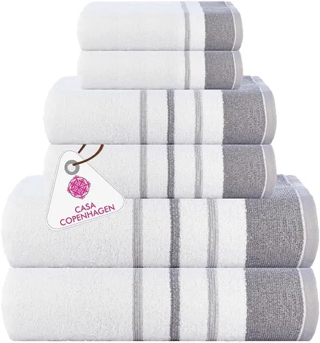 Vista 7 de CASA COPENHAGEN Bella - Juego de toallas de 6 piezas, color gris a rayas, 21.16 oz/m², 2 toallas de baño, 2 toallas de mano y 2 toallas pequeñas