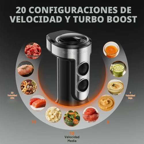 Vista 2 de Batidora de inmersión de mano, 20 velocidades y modo turbo, batidora de mano de carga pesada con motor de cobre, cuchillas de acero inoxidable Negro