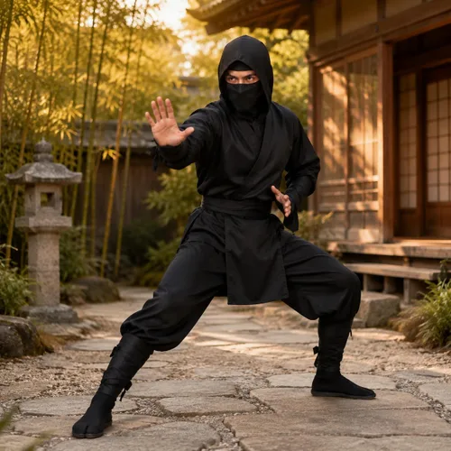 Vista 2 de GRACEART Disfraz de ninja negro para hombre, uniforme de espadachín samurái japonés, traje de cosplay de Halloween