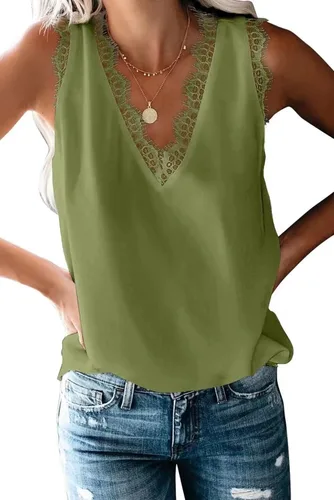 Vista 9 de BLENCOT Camiseta sin mangas con cuello en V para mujer, blusa de encaje, chaleco casual, camisola de verano Albaricoque