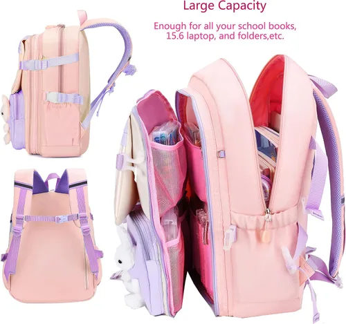 Vista 4 de Gazigo Mochila para niñas, escuela primaria, mochila de conejito para niñas, linda mochila para niños y jardín de infantes preescolar, Juego