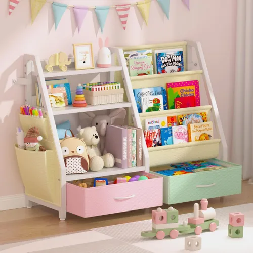 Vista 11 de Estantería para niños y organizador de juguetes Twinkoo, estante resistente de 3 niveles, estantería con bandeja y 2 contenedores de juguetes
