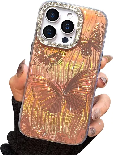 Vista 8 de I-MGAE-IN-AR Funda compacta para iPhone 11, diseño de mariposa, marco de protección de lente de cámara con diamante 3D, bonitas fundas protectoras