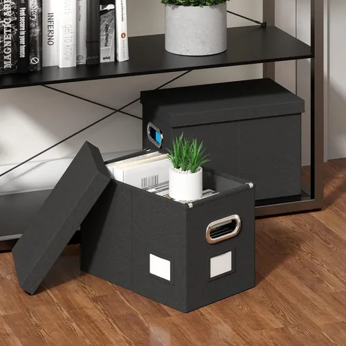 Vista 3 de Caja de archivos colgante con tapa, organizador de archivos, caja de almacenamiento plegable de lino, gabinete de archivos decorativo para Negro