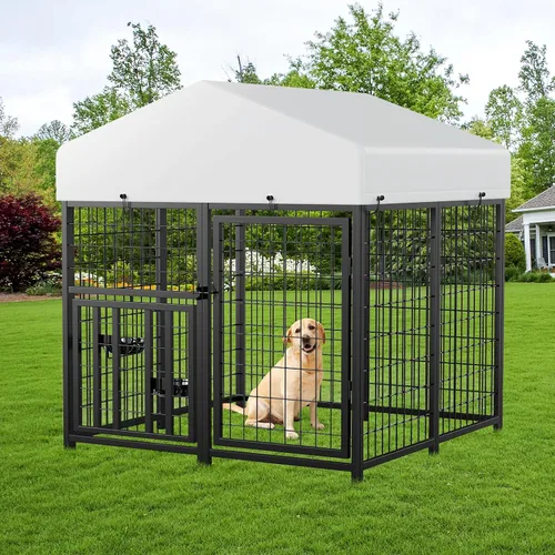 Vista 8 de Jaula grande para perros al aire libre ROOMTEC con comederos para perros, 10 pies de largo x 10 pies de ancho x 6.5 pies de alto