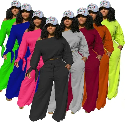 Vista 6 de MRSYVES Conjunto de 2 piezas para mujer, ropa sexy para club, talla grande y hombros descubiertos, camisa de manga larga, pantalones sueltos