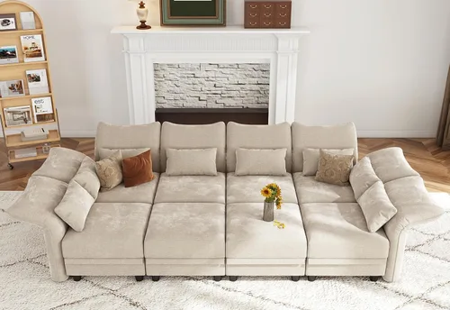 Vista 26 de LLappuil Sofá seccional beige con almacenamiento, sofás modulares de pana para sala de estar con apoyabrazos ajustables, cojines de felpa gruesos, 6