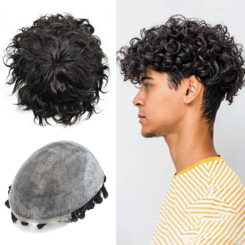 Vista 13 de Afro Toupee para hombres negros unidad de cabello humano para hombres negros postizo PU Ingección Afro Mens Toupee 4MM onda #1 negro azabache