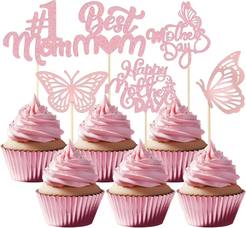 Vista 20 de Gyufise 1 paquete de decoración para pastel del día de la madre, la mejor mamá del mundo, con flores de mariposa, decoración de pastel de cumpleaños