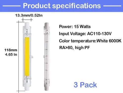 Vista 2 de Bombilla LED R7S blanca de 4.646 in/4.65 pulgadas, 15 W, 6000 K, R7S (paquete de 3) 110 V, T3 J, reemplazo de bombilla halógena de 150 W