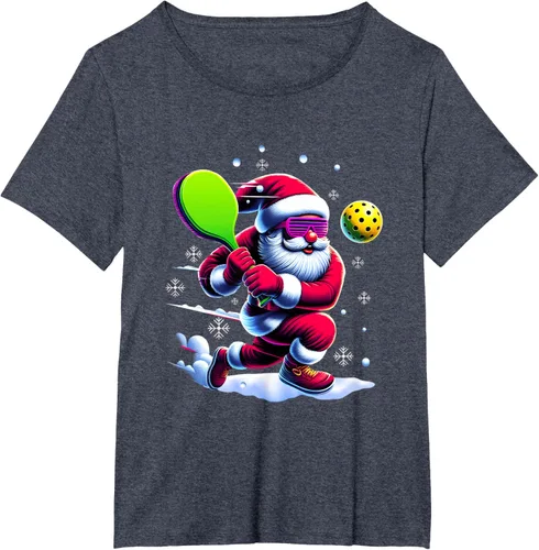 Vista 64 de Pickle Ball Navidad Santa Deporte Jugador Padel Raqueta Snow Camiseta Negro