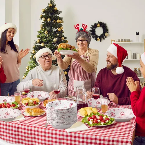 Vista 4 de Sliner 100 cuencos de papel de Navidad, cuencos desechables de Navidad, cuencos para servir ensaladas temáticas de invierno, cuencos de postre