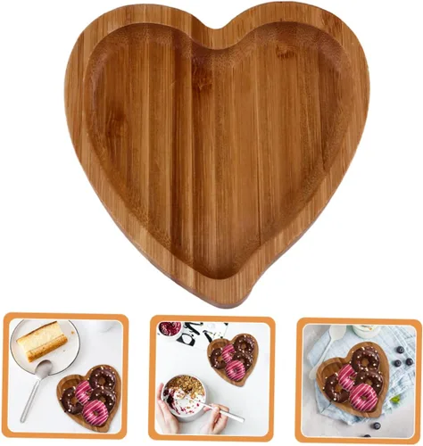 Vista 3 de Hemoton Elegante bandeja de madera con diseño de corazón para servir platos reutilizables para pan de dulces de frutas para decoración de cocina