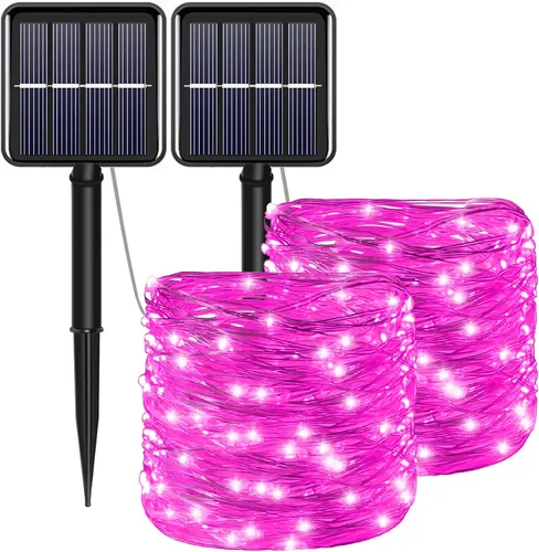 Vista 17 de Tira de luces solares azules de Navidad al aire libre impermeables, 2 paquetes, total 200 LED, 20.1 m, 8 modos, luces de hadas de cobre