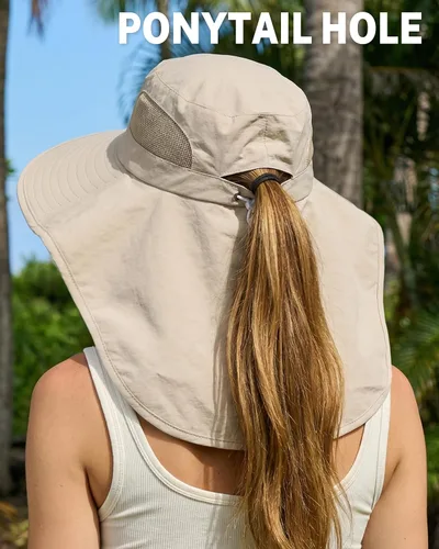 Vista 3 de Sombreros de sol para mujer, protección UV, ala ancha con agujero Beige