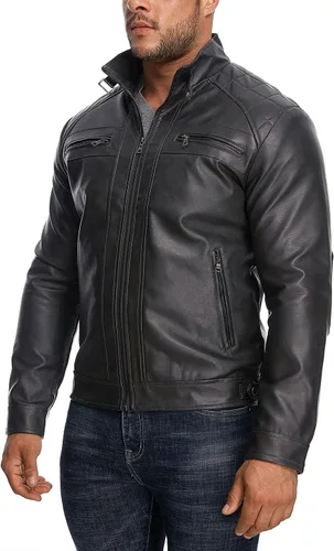Vista 3 de HOOD CREW Chaqueta de cuero con cuello alto para hombre, chaqueta casual de piel sintética para motocicleta, abrigo con bolsillos con cremallera
