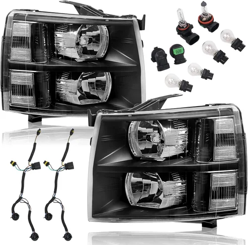 Vista 12 de Juego de montaje de faros compatible con Chevy Silverado 1500 2007 2008 2009 2010 2011 2012 2013, Silverado 2500HD 3500 07-14, faro con arnés