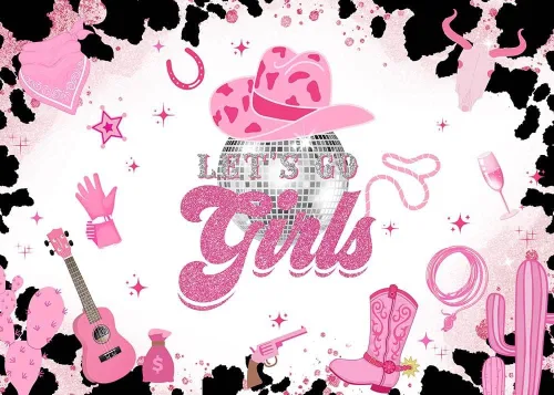 Vista 8 de Mocsicka Telón de fondo de disco de vaquera rosa con texto en inglés "Let's Go Girls", pancarta de cumpleaños para despedida de soltera, fin