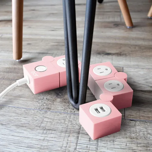 Vista 9 de iJoy - Tira de enchufes flexible: 3 salidas de corriente alterna y 2 puertos de carga USB con cable de extensión rosa, tiras de enchufes
