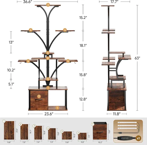 Vista 7 de Soporte para plantas de interior de 63 pulgadas con luces de crecimiento, estante de plantas de 10 niveles con cajón, soportes de esquina