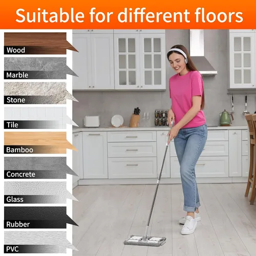 Vista 6 de Trapeador húmedo de microfibra de 360° para limpieza de suelos; 4 almohadillas de microfibra reutilizables resistentes; altura ajustable